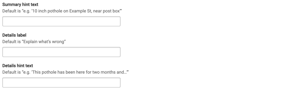You can edit the default text included in the hints and labels for reports